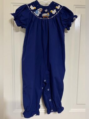 Lil Cactus Baby Girl's Blue  & White Smocked Romper wNativity Scene 12-18 Months